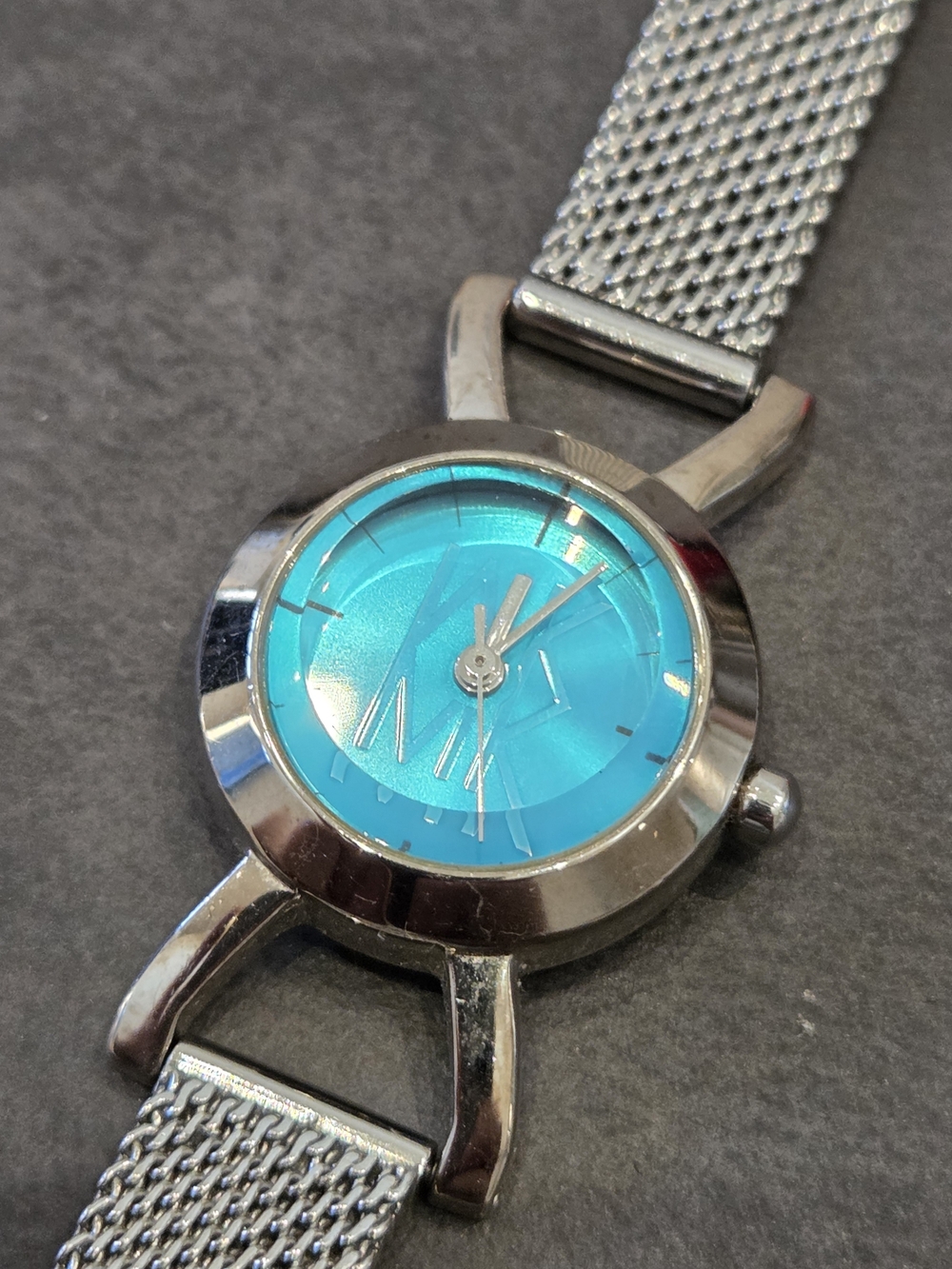 Michel Klein Silver Mesh Bracelet Watch with Turquoise Dial